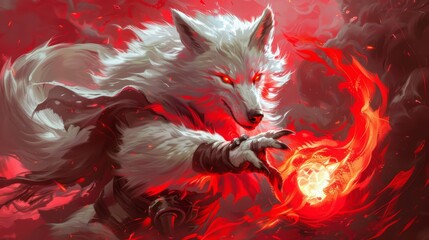 Sticker - A painting of a white wolf with red eyes holding fire, AI