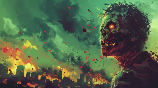 A painting of a zombie with glowing eyes in the city, AI