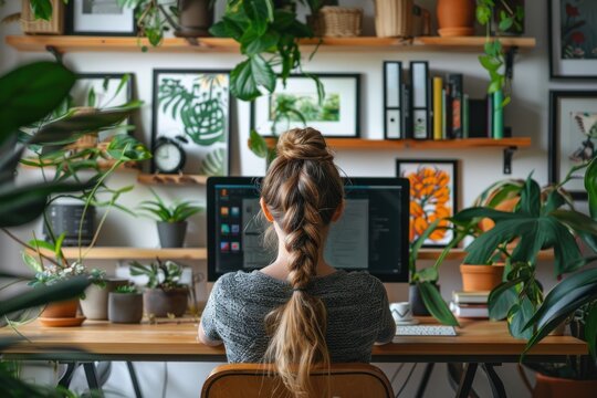 A woman with long hair is sitting at a desk with a computer monitor in front of her. She is wearing a gray shirt and has her hair in a braid. The room is decorated with plants