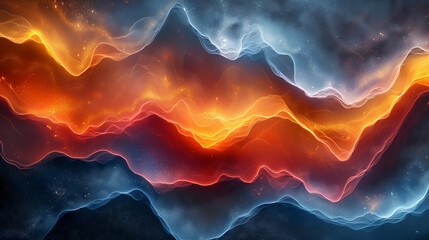 Wall Mural - A colorful, abstract painting of mountains and waves with a fiery orange