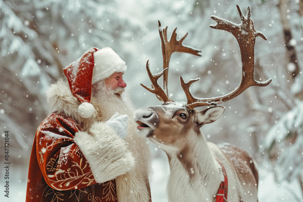 Santa Claus laughing with his reindeer in winter frosty and snowy ...
