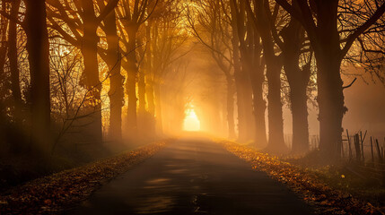 Wall Mural - Sunlit tree-lined path with golden misty morning light