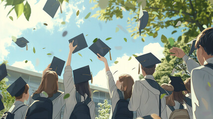 Students celebrating graduation with caps thrown in the air, School campus, Bright and sunny, Joyful and triumphant mood