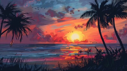 Wall Mural - Seaside Sunset on Palm Beach Trees 3D Render