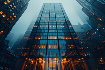 Poster - A sleek glass building in the financial district. Concept of business hubs and economic activity. Generative Ai.