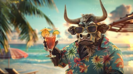 Wall Mural - A Cows in shirts and sunglasses drink cocktails on the beach.