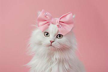  fluffy white cat with a large pastel pink bow on its head against a solid light pink background, lady pet, cute pet care, grooming salon concept	