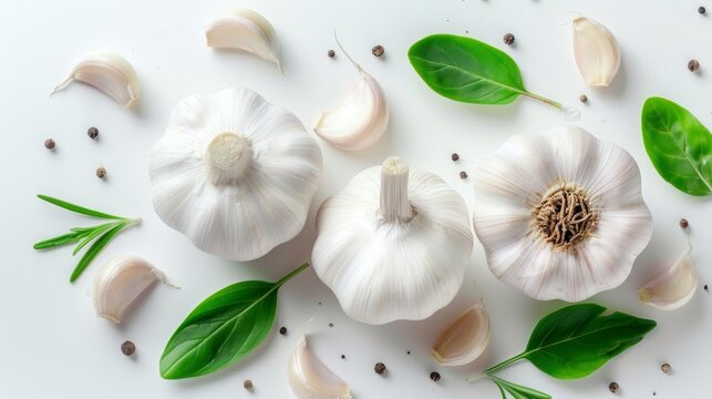 Garlic bulb and green leaves isolated on white background, top view flat lay arrangement