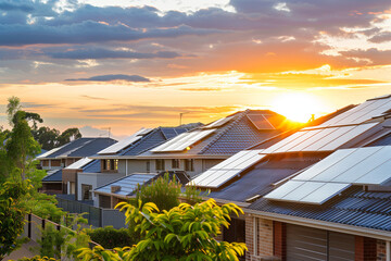 : Solar panels on the rooftops of houses in a modern suburban neighborhood, with the sun setting in the background. 