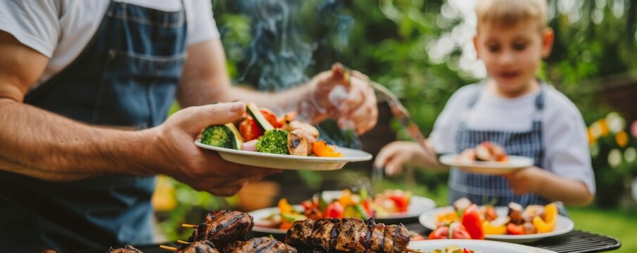 Close-up of an unidentified father and son grilling food on a grill during a family summer garden party