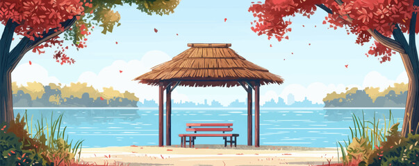 Canvas Print - Cozy lakeside gazebo with a thatched roof, wooden benches, and a view of the tranquil water. Vector flat minimalistic isolated illustration.