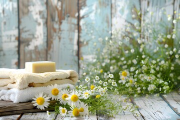 Homemade chamomile soap, chamomile and towels on a wooden base.