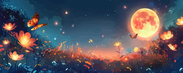 Wall Mural - Dreamy celestial garden with glowing orbs, celestial flowers, and ethereal butterflies. Vector flat minimalistic isolated illustration.