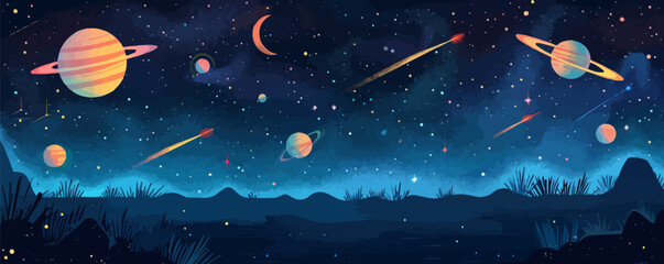 Wall Mural - dreamy celestial landscape with planets, moons, and shooting stars. vector flat minimalistic isolate