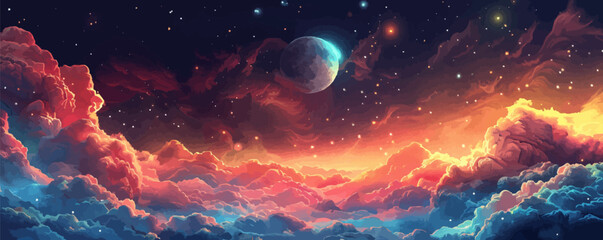 Wall Mural - dreamy celestial realm with ethereal clouds, celestial bodies, and a sense of wonder. vector flat mi