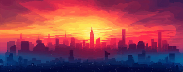 Wall Mural - Futuristic city skyline at sunset, with towering skyscrapers silhouetted against a colorful sky. Vector flat minimalistic isolated illustration.