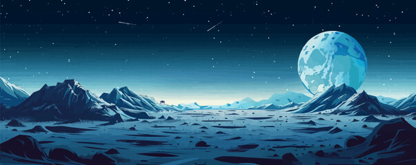 Wall Mural - lunar landscape with rugged craters, lunar rovers, and earth rising on the horizon. vector flat mini