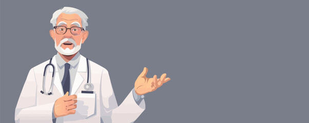 Mature medical doctor showing something with his hand. Old male doctor in uniform and with a stethoscope making a presentation. Vector flat minimalistic isolated illustration