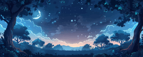 Wall Mural - mystical forest clearing bathed in moonlight, with enchanted creatures dancing under the stars. vect