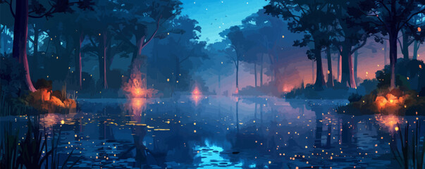 Wall Mural - Mystical forest pond surrounded by towering trees and illuminated by fireflies. Vector flat minimalistic isolated