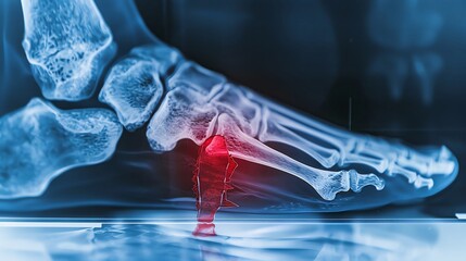 Metatarsal Fracture Image displaying a fracture in one of the metatarsal bones, like the fifth metatarsal The fractured region is marked in red on the Xray