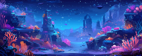 Wall Mural - mystical underwater city with ancient ruins, bioluminescent sea creatures, and coral reefs. vector f