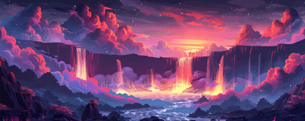 Wall Mural - otherworldly landscape with cascading fire waterfalls and dark clouds. vector flat minimalistic isol