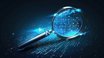 Data analysis concept with magnifying glass, digital data search, binary code investigation, information technology, cybersecurity research, virtual data inspection, digital forensic analysis
