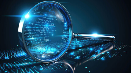 Data analysis concept with magnifying glass, digital data search, binary code investigation, information technology, cybersecurity research, virtual data inspection, digital forensic analysis