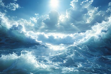 Wall Mural - Dynamic Ocean Waves Under Sunlit Sky: Nature's Raw Power for Posters, Prints, and Digital Design