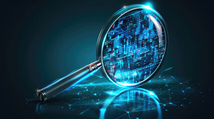 Data analysis concept with magnifying glass, digital data search, binary code investigation, information technology, cybersecurity research, virtual data inspection, digital forensic analysis