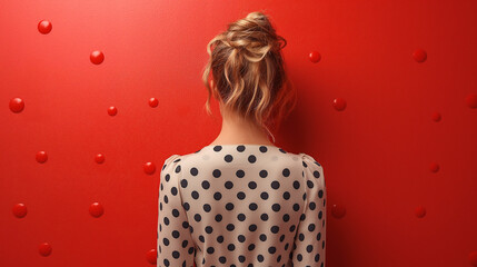 Canvas Print - A woman with a bun in her hair is standing in front of a red wall, The woman's outfit, a polka dot white dress