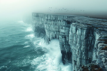 Wall Mural - a dramatic cliffside with waves crashing below and seabirds flying above. concept of power and natur