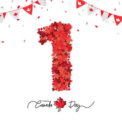 happy canada day. maple leaf form to create the number 1 as canada celebrates its canada day on the 