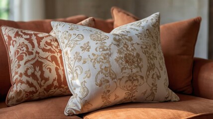 Poster - Close up of fabric sofa with white and few terra cotta pillows. French country home interior design