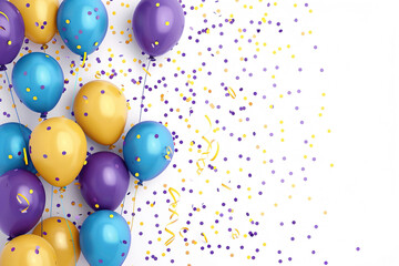 Air balloons Purple, yellow and blue simple birthday design, isolated on white background with festive confetti. with empty copy Space