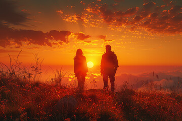 Poster - A couple watching the sunset from a hilltop, embracing the view. Concept of appreciation and natural beauty. Generative Ai.