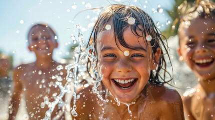 happy joyful children playing with the water and enjoying a fun time in a hot summer day. summer vac