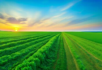 A view of green agriculture fields with a colorful sunset in the background