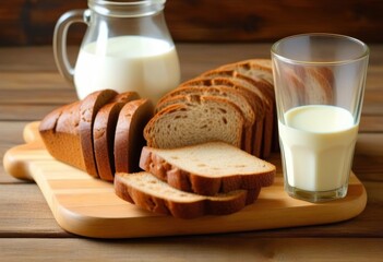 Poster - A cutting board with sliced rye bread and a glass of milk on a wooden background.