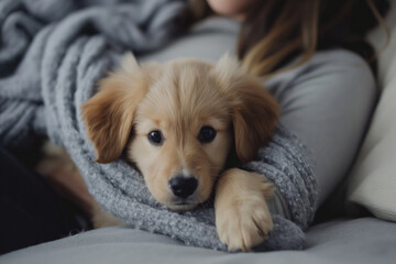 Small, fluffy puppy sitting in its owner's arms, looking adorable and comfortable with a gentle expression.