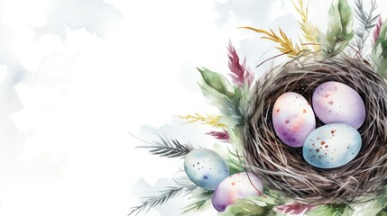 Easter background with watercolor painted nest and eggs.