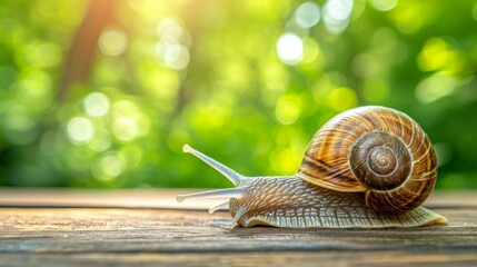 Detailed close up of snail on lush green bokeh background for vivid natural imagery, pest animal concept, wide banner, empty space