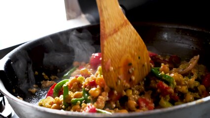 Poster - cooking vegetarian food, mix of vegetables in wok