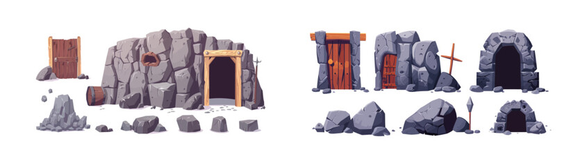 Canvas Print - Cartoon ancient mine entrance with wooden doors. Prehistoric abandoned cavern with rock ground and dirt. Modern isolated set.