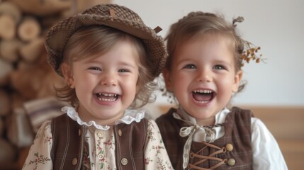 A close-up shot of two young children laughing