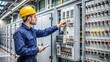 © Bounpaseuth - An electrical engineer in the QC department is inspecting the operation of the main switchboard cabinet in front of the cabinet in the production plant before delivering it to the customer.