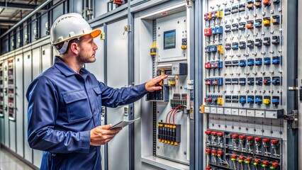 An electrical engineer in the QC department is inspecting the operation of the main switchboard cabinet in front of the cabinet in the production plant before delivering it to the customer.