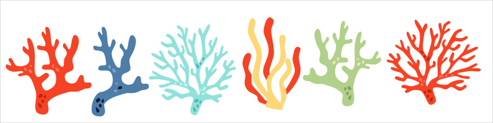 Wall Mural - Vector collection of colorful corals. Underwater plants on white background . Vector illustration