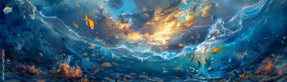 Dynamic Fish Scene Vivid underwater scene with various colorful fish and marine life ...